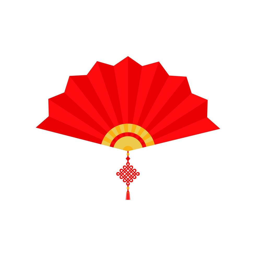 Red Chinese hand fan with wishful knot isolated on white background. Vector illustration of Paper traditional chinese folding fan. chinese new year element