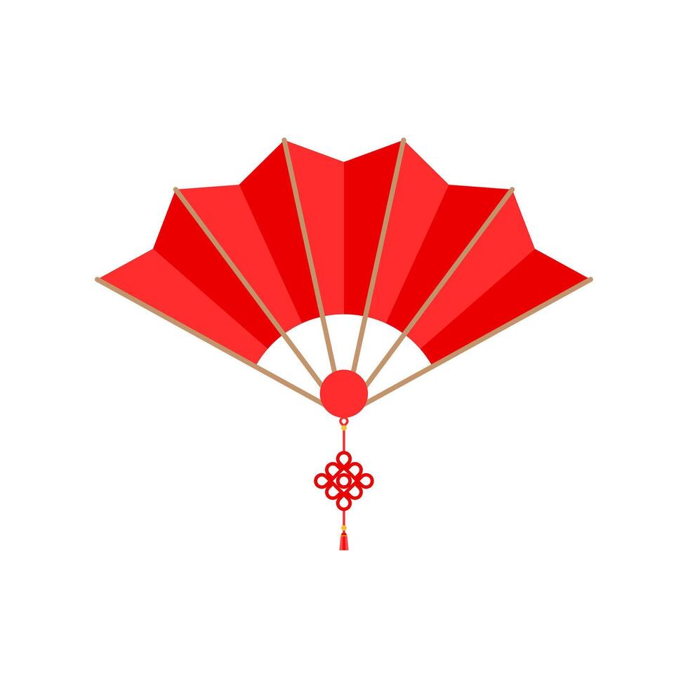 Red Chinese hand fan with wishful knot isolated on white background. Vector illustration of Paper traditional chinese folding fan. chinese new year element
