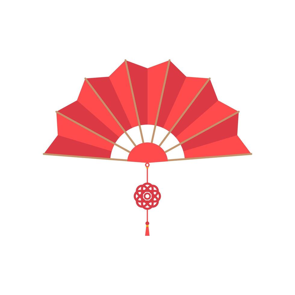 rojo chino mano ventilador con deseoso nudo aislado en blanco antecedentes. vector ilustración de papel tradicional chino plegable admirador. chino nuevo año elemento