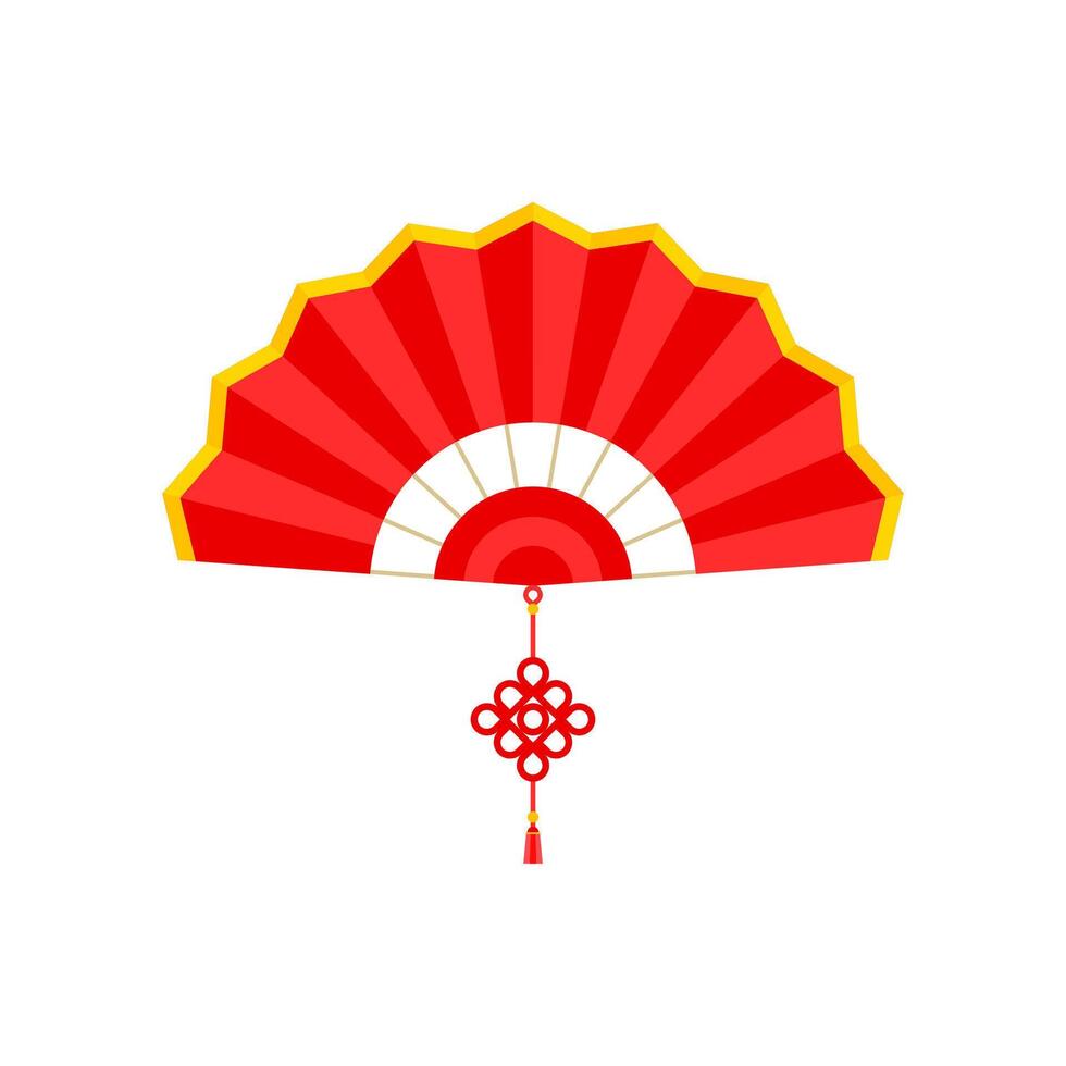 Red Chinese hand fan with wishful knot isolated on white background. Vector illustration of Paper traditional chinese folding fan. chinese new year element