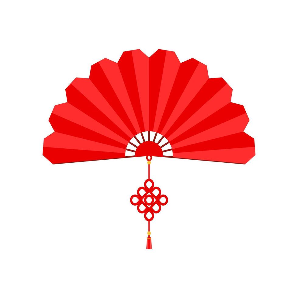 Red Chinese hand fan with wishful knot isolated on white background. Vector illustration of Paper traditional chinese folding fan. chinese new year element