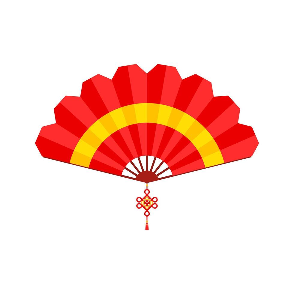 Red Chinese hand fan with wishful knot isolated on white background. Vector illustration of Paper traditional chinese folding fan. chinese new year element