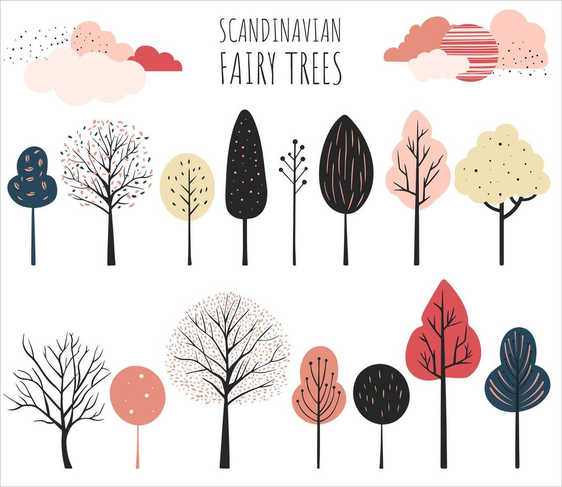 Set of multicolored fairy trees. Fantasy trees on white. Scandinavian vector trees collection