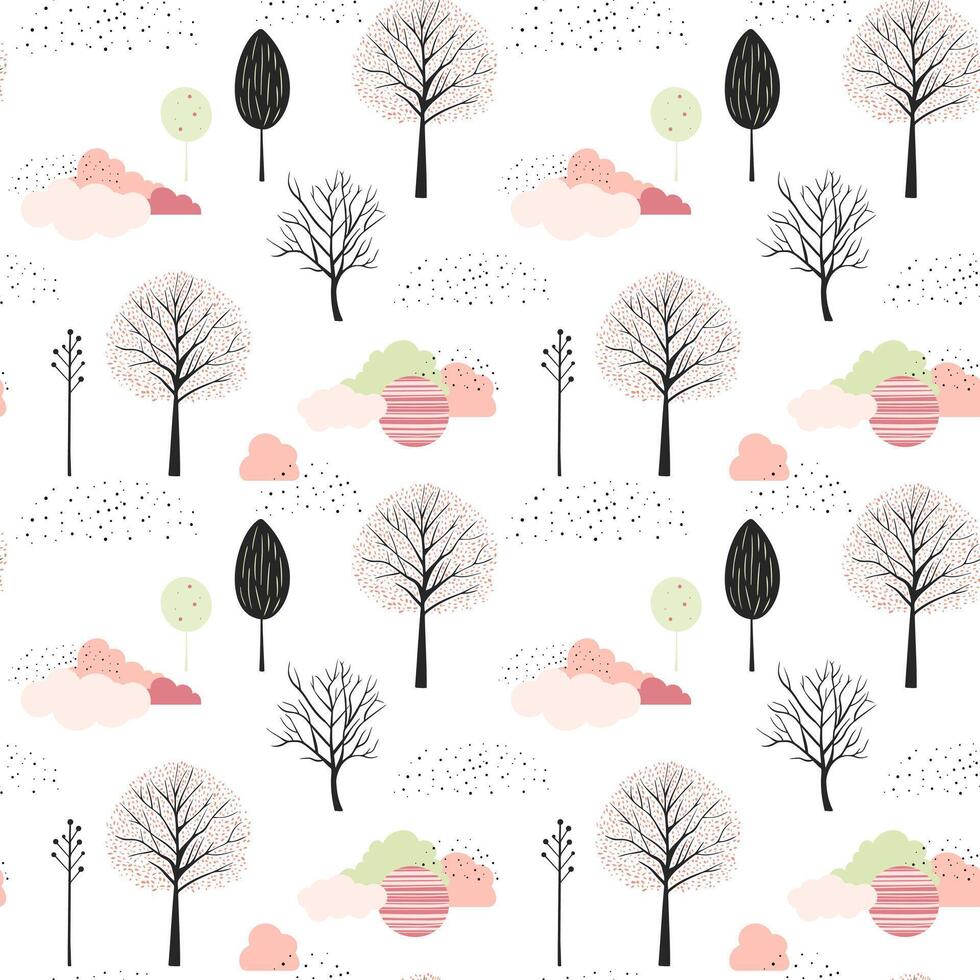 Cute fantasy seamless pattern. Scandinavian trees and clouds vector wallpaper. Childish background.