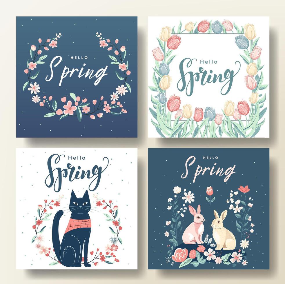 Set of spring greeting cards with cat and bunnies, spring background. Hello springtime frame. Easter template vector