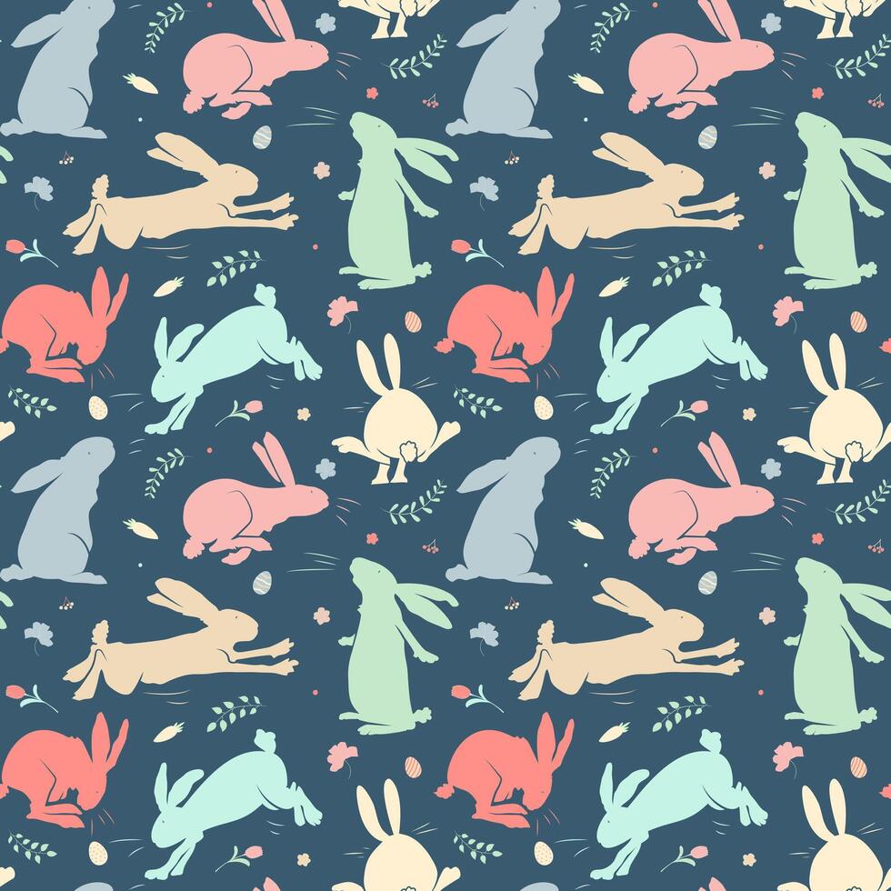 Vector seamless pattern with bunnies. Spring backgrounds. Trendy Easter design with bunny in pastel colors.