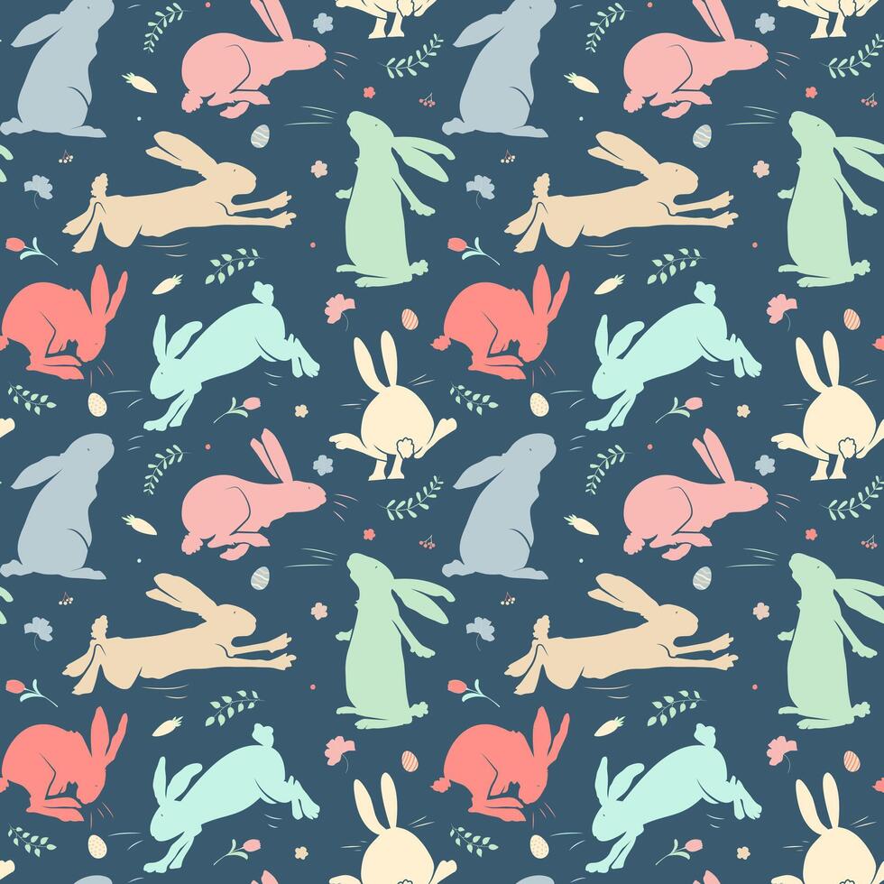 Vector seamless pattern with bunnies. Spring backgrounds. Trendy Easter design with bunny in pastel colors.