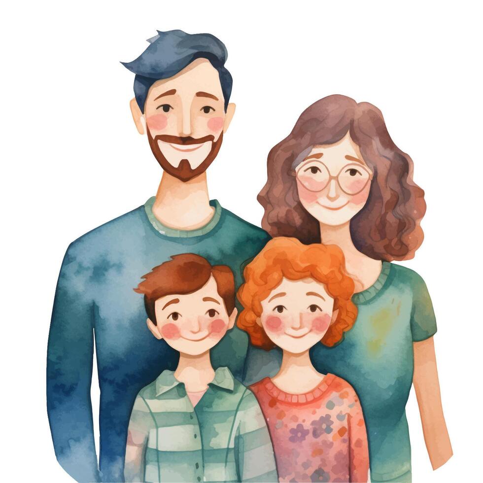 Watercolor family. Parents and children isolated on white background. Vector illustration woman, man, two kids