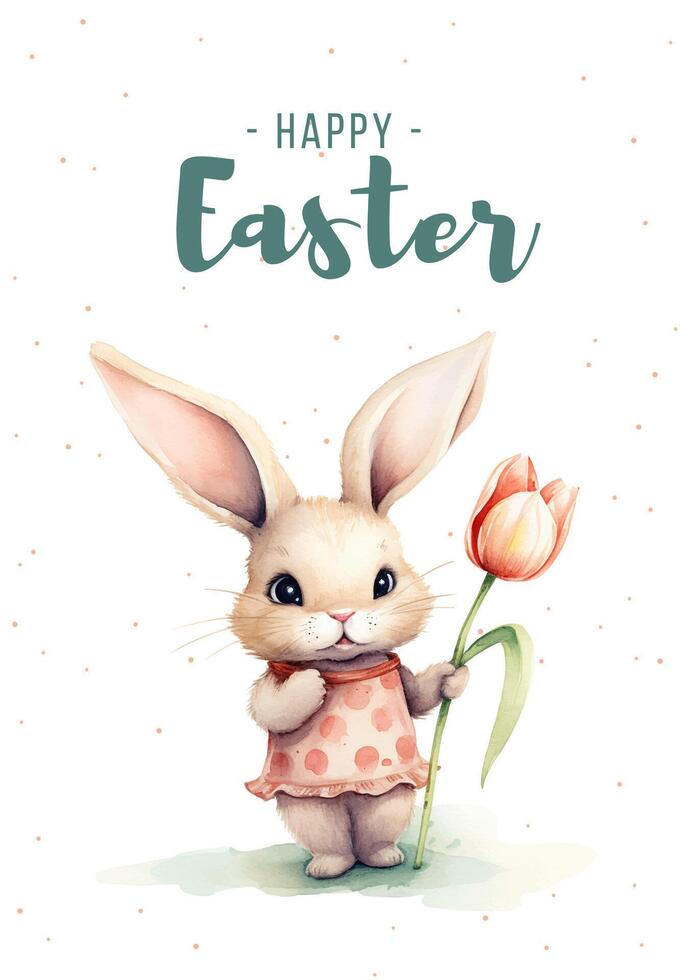 Happy Easter frame. Trendy Easter design with watercolor bunny in pastel colors. Poster, greeting card, banner. vector