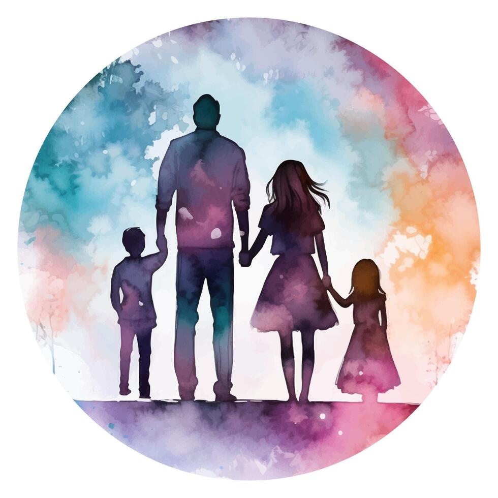 Watercolor family silhouette. Parents and children. Vector illustration with beautiful woman, man and two kids