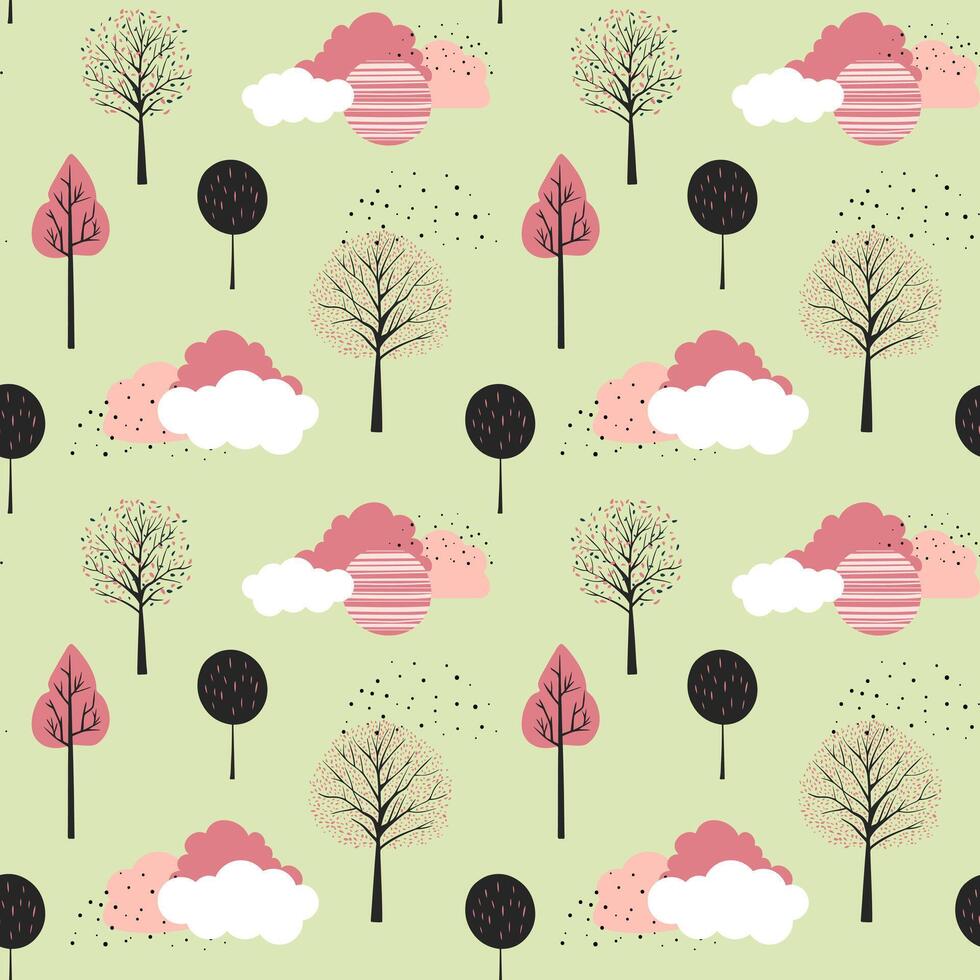 Cute fantasy seamless pattern. Scandinavian trees and clouds vector wallpaper. Childish background.