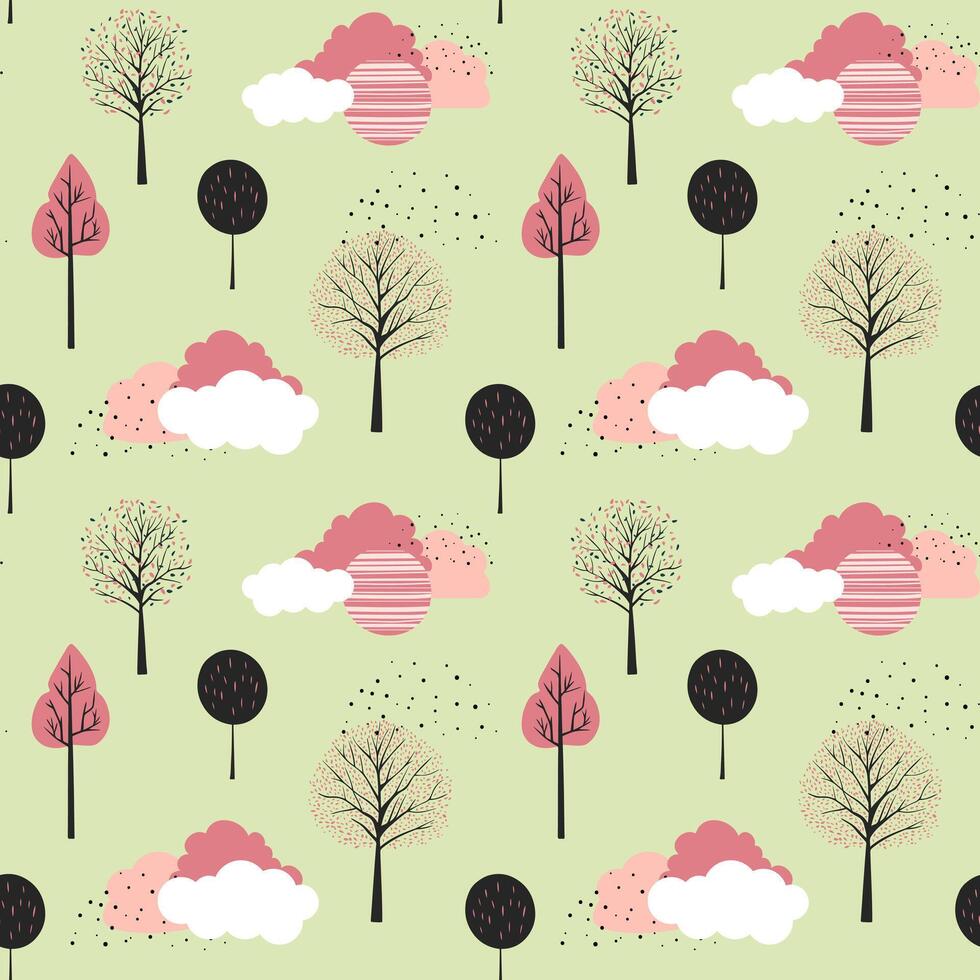 linda fantasía sin costura modelo. escandinavo arboles y nubes vector fondo de pantalla. infantil antecedentes.