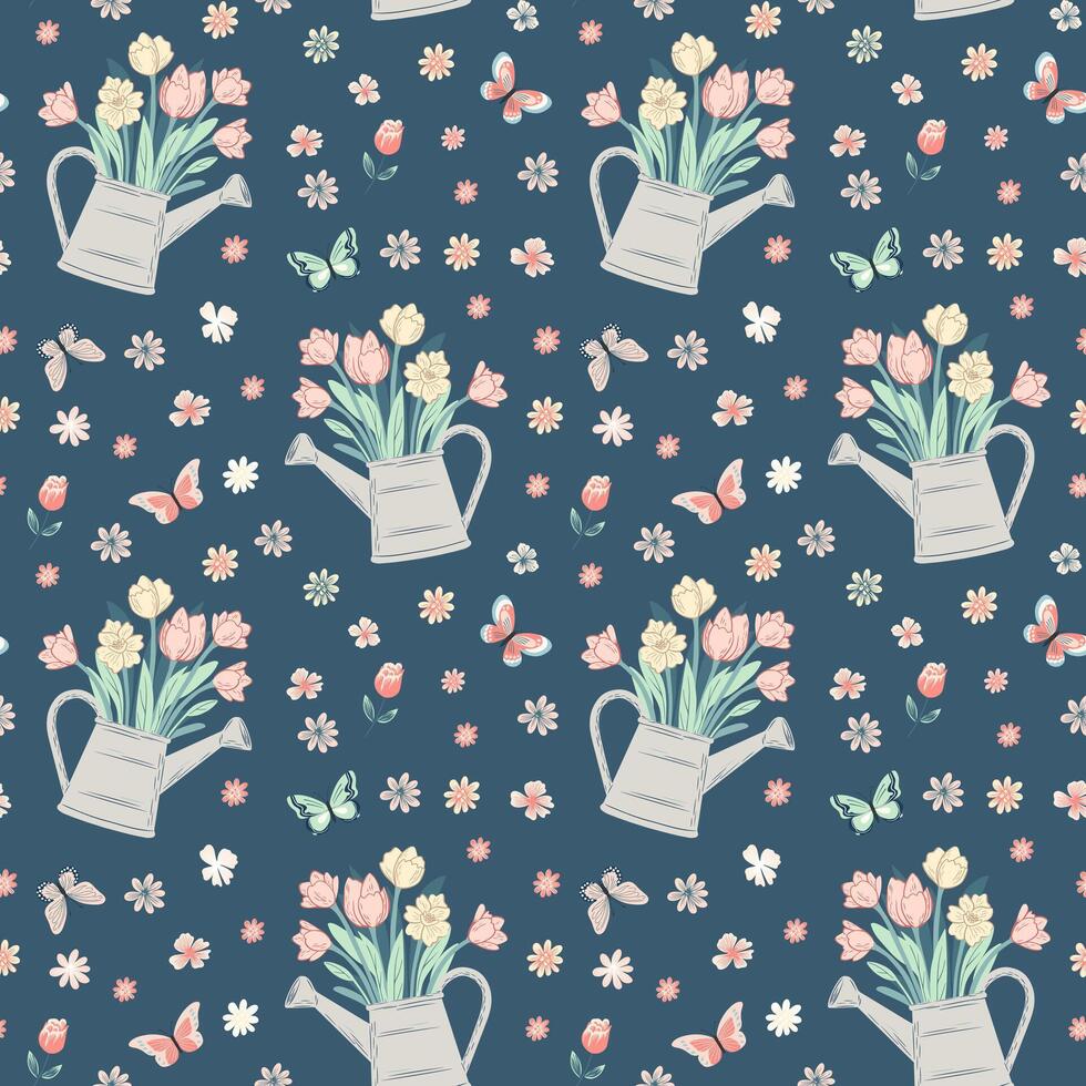Vector seamless pattern with cute watering can with flowers. Spring backgrounds. Hand drawn print.
