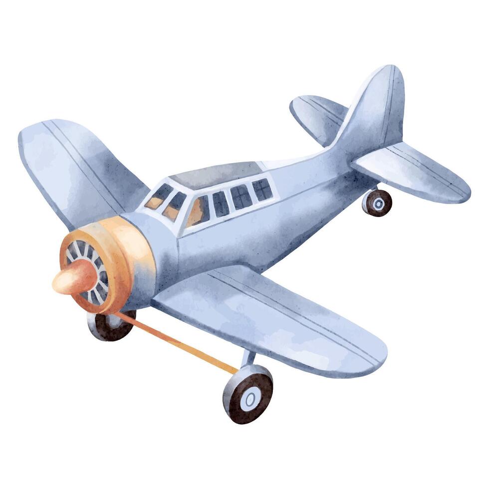 Watercolor plane. Watercolor toys. Plane vector illustration. Cute cartoon plane
