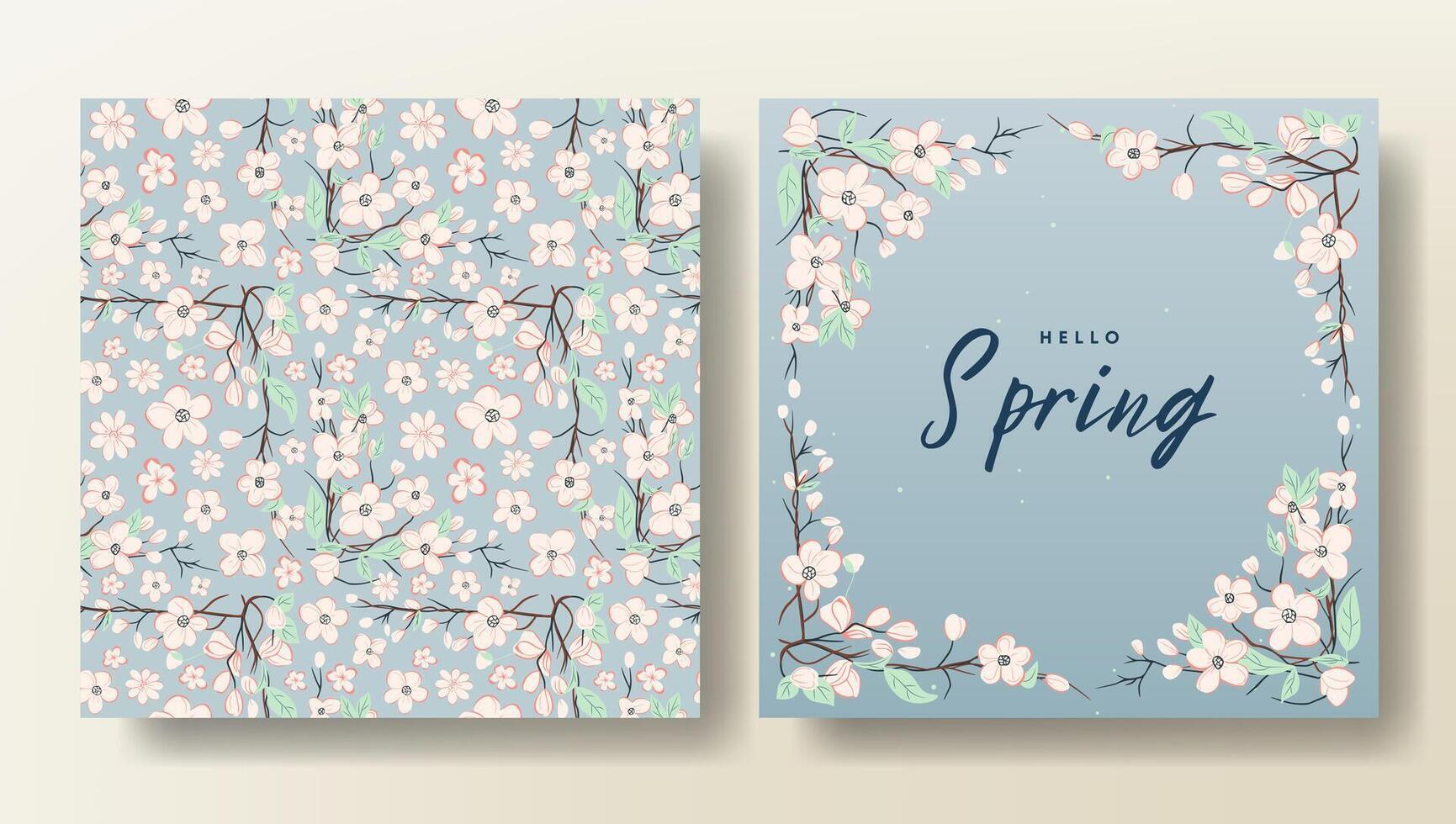 Set of Hello spring card and seamless pattern with cherry blossom, spring template. Flower pattern vector
