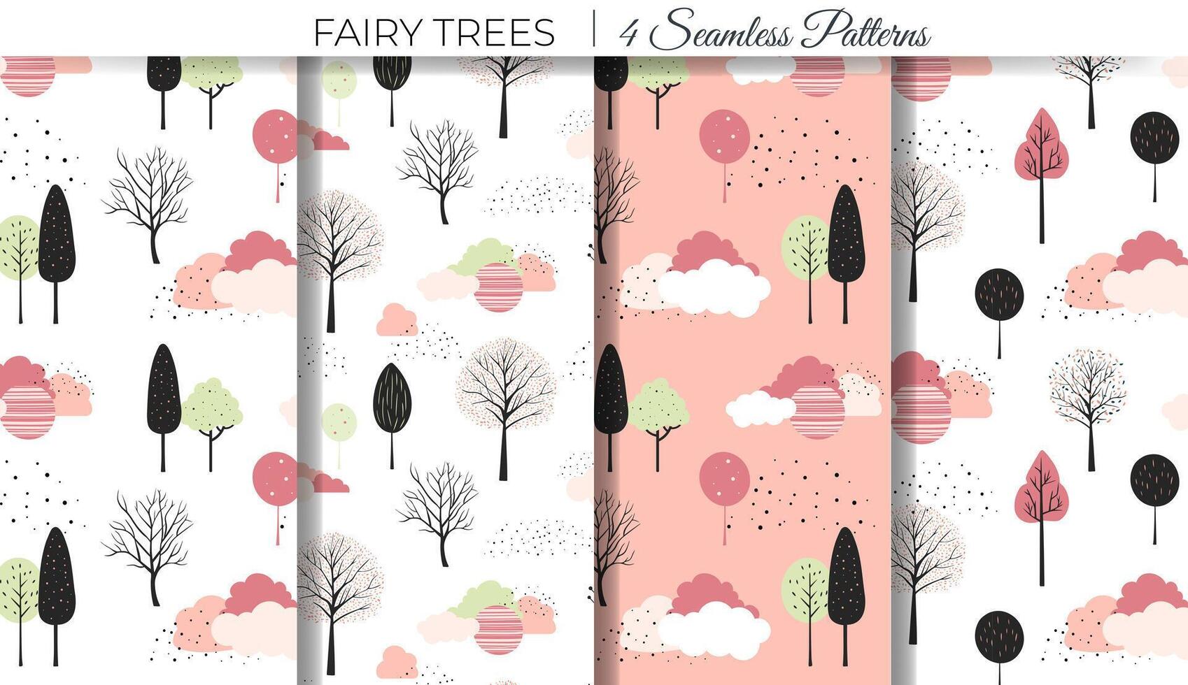 Cute fantasy seamless pattern. Scandinavian trees and clouds vector wallpaper. Childish background.