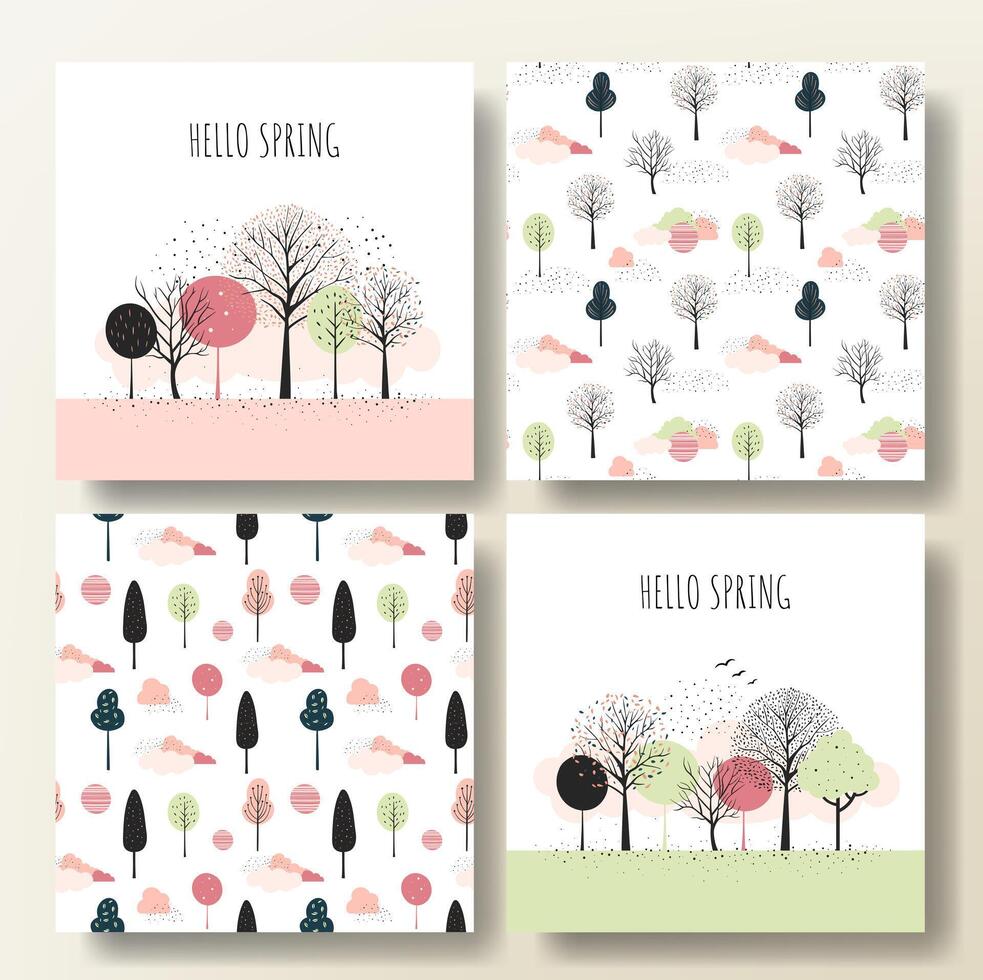 Set of spring cards with fairy trees and patterns. Cartoon fantasy trees composition, frame. Minimalist style. vector