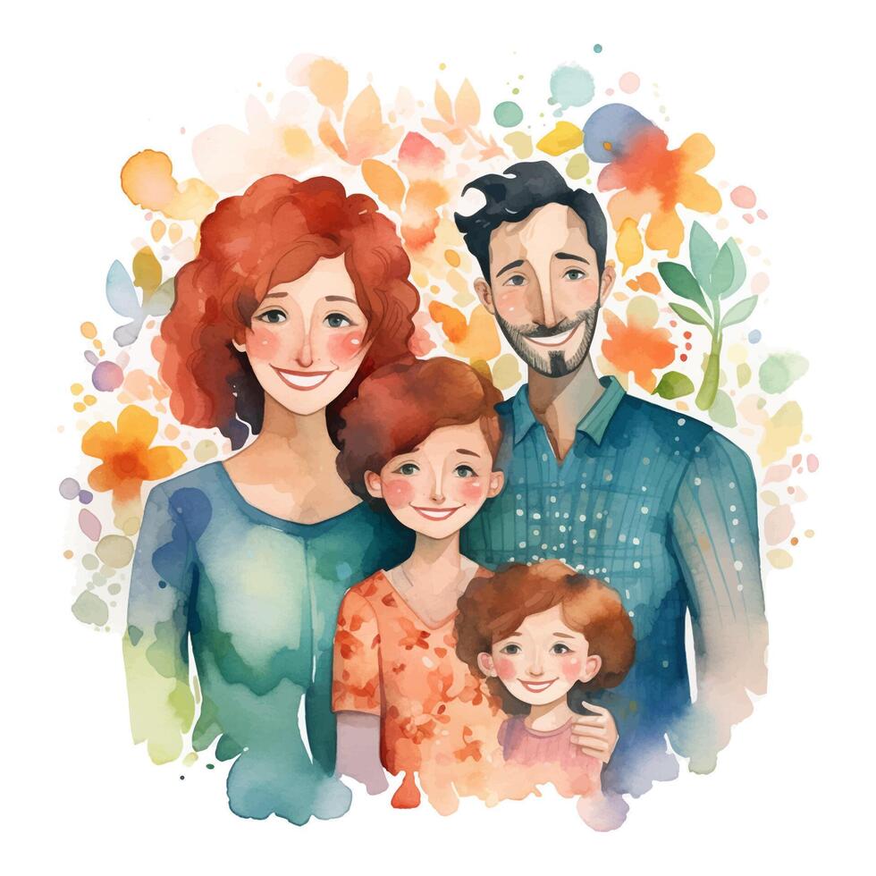 Watercolor family. Parents and children. Vector illustration with beautiful woman, man and two kids