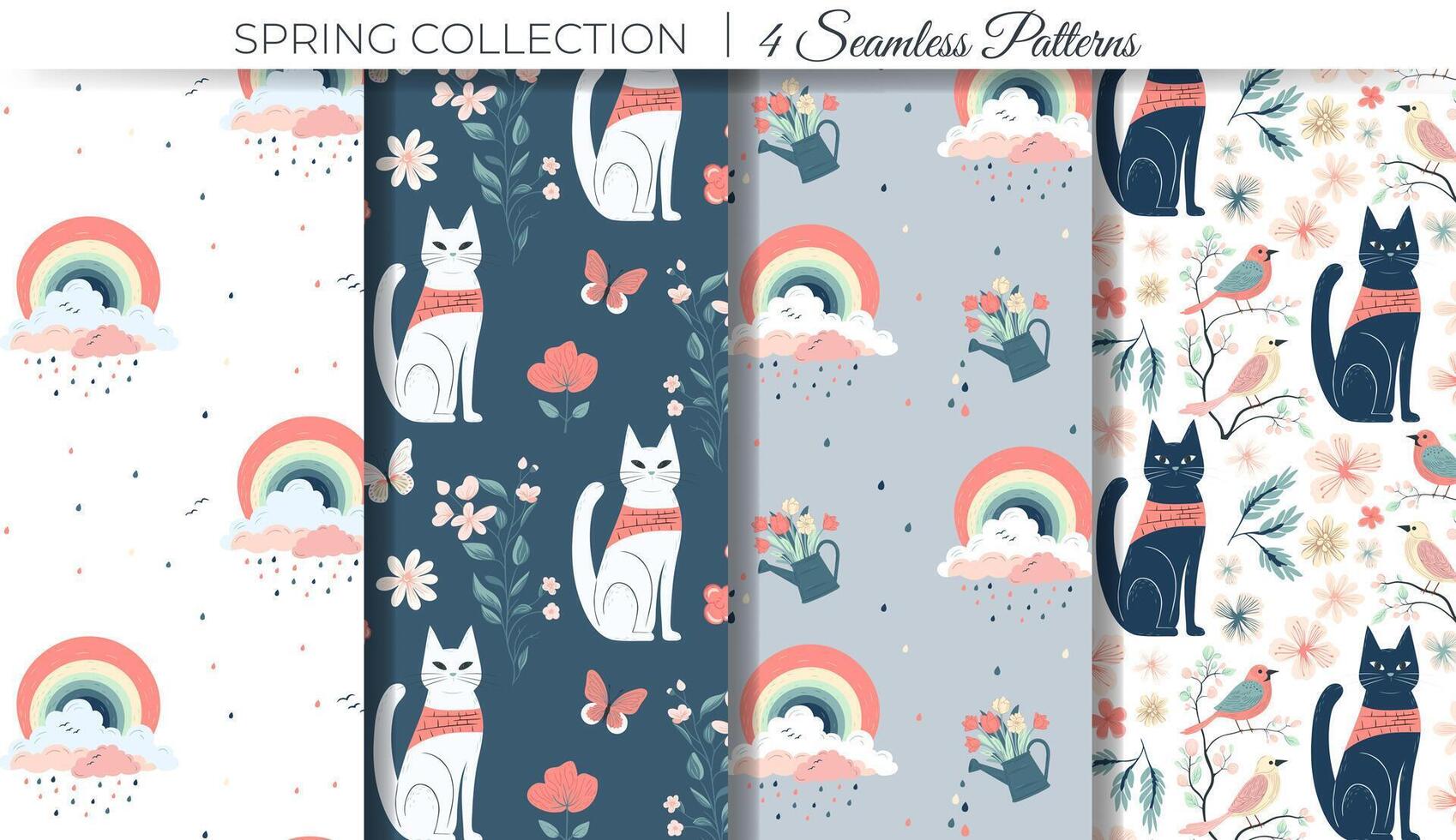 Set of spring backgrounds with rainbows and cats. Seamless pattern with fantasy elements. Childish texture vector