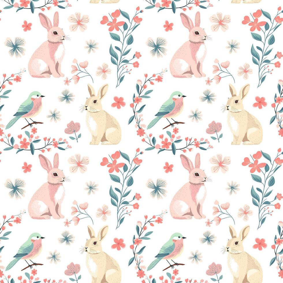 Vector seamless pattern with cute bunnies and bird. Spring backgrounds. Vintage rabbits hand drawn print.