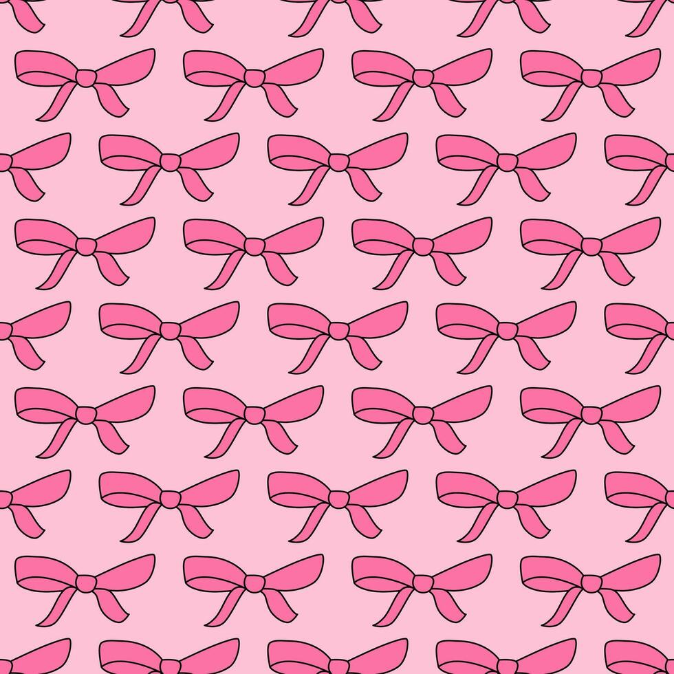 Pretty pink bows seamless pattern. Y2k girly background, wrapping paper, backdrop. Retro vintage colors. vector