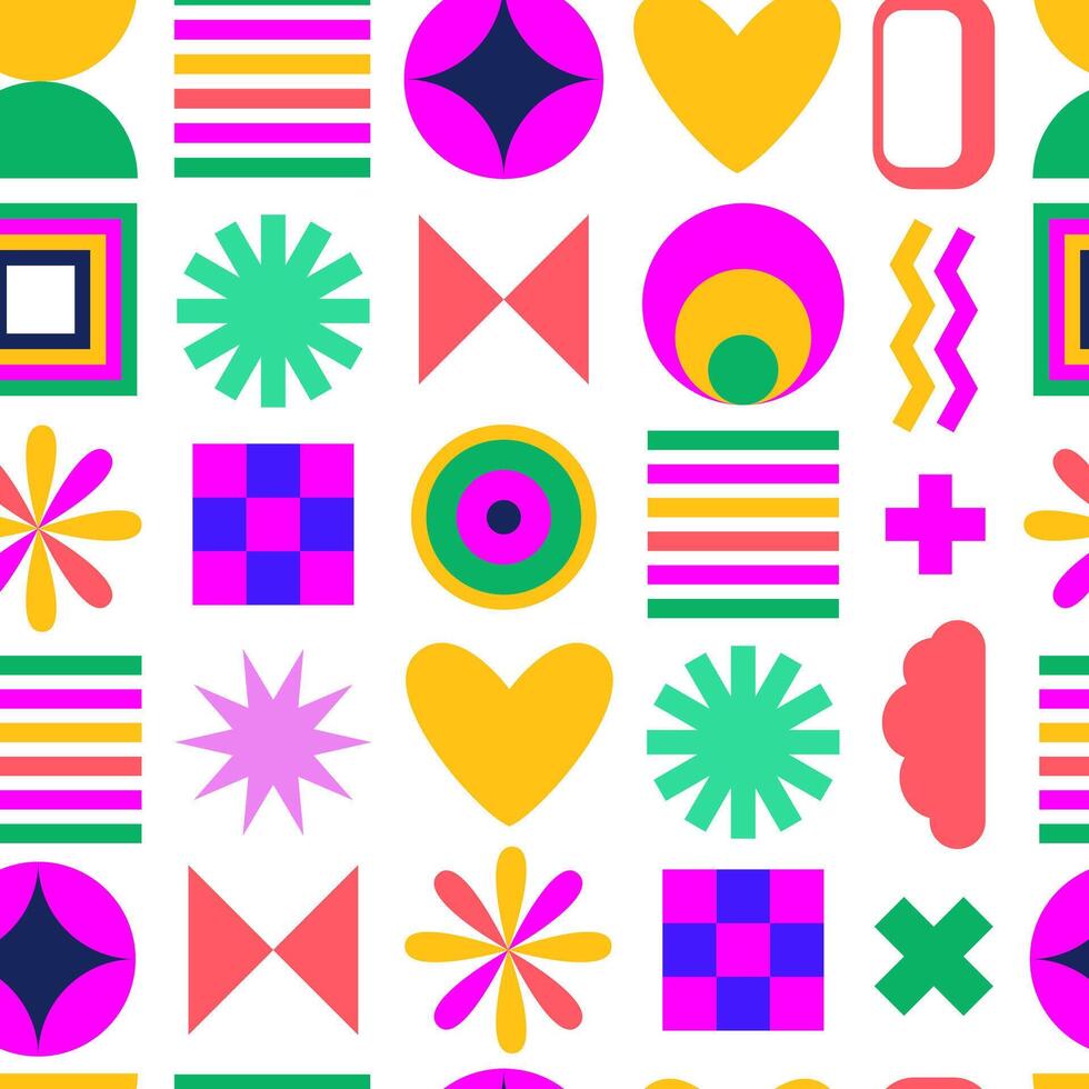Childish retro geometric seamless pattern. Modern abstract vivid elements. 90s, Y2k, Bauhaus aesthetic. Brutalist banner, background, wrapping paper. vector