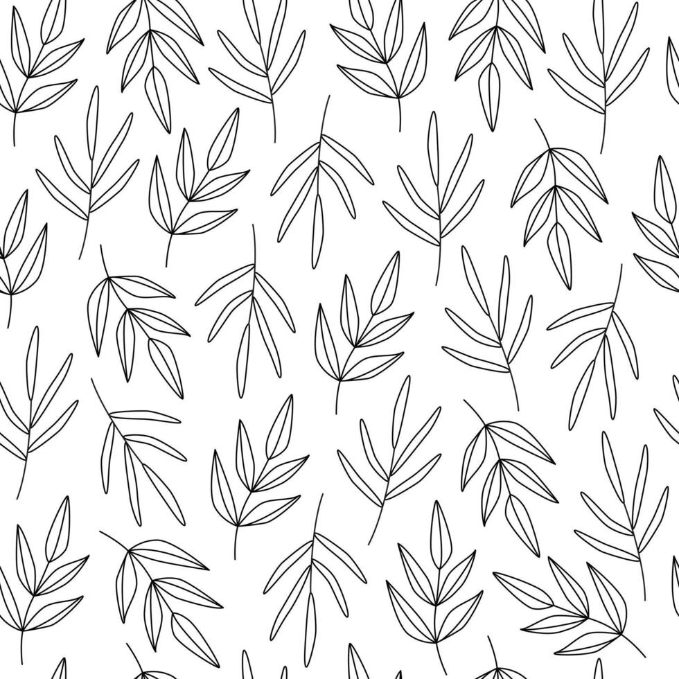 Outline botanical leaves seamless pattern. Eco greenery, branches, stems. Line art foliage. Background, backdrop, wrapping paper. vector