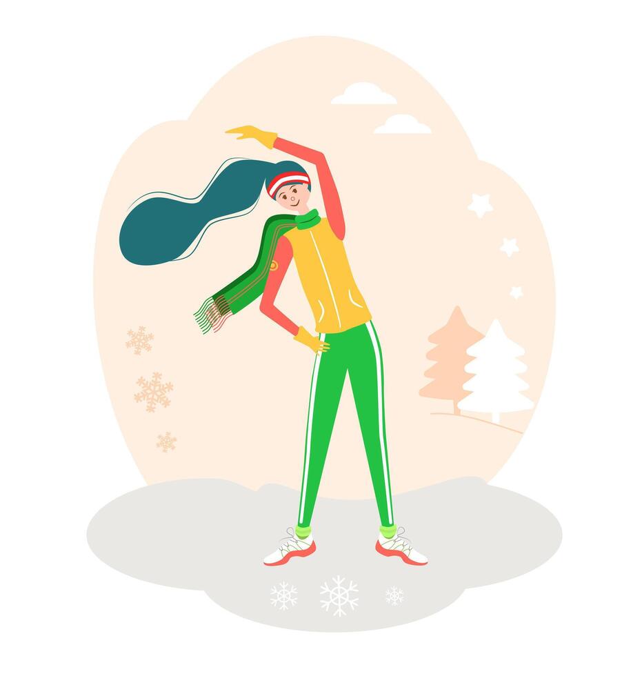 Winter workout. Training. Winter outdoor activity. Girl making exercises and stretching in warm clothes. Flat cartoon vector illustration