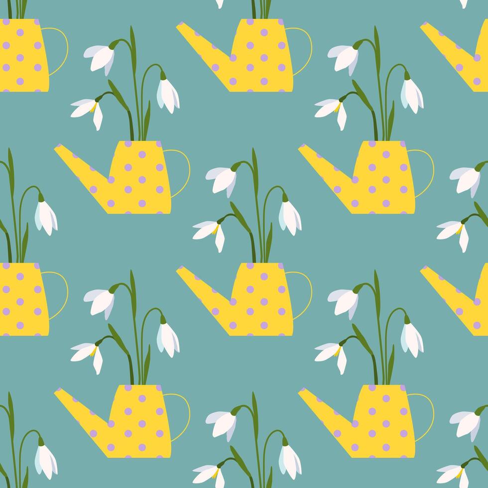 Spring floral seamless pattern. Snowdrops in watering can. Pretty background for nursery. Digital paper, wrapping paper. vector