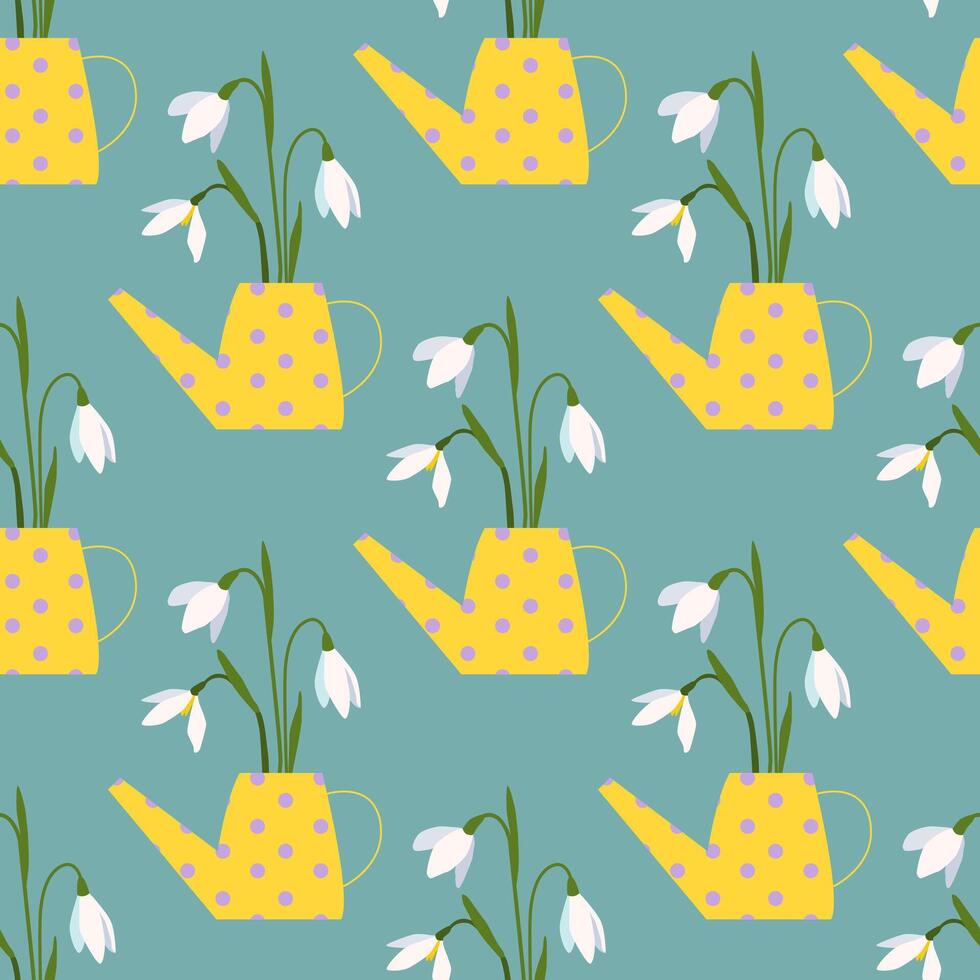 Spring floral seamless pattern. Snowdrops in watering can. Pretty background for nursery. Digital paper, wrapping paper. vector