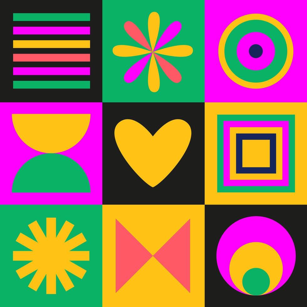 Retro abstract geometric mosaic. Modrn Bauhaus. Futuristic seamless pattern, banner, background, wrapping paper. 90s, Y2k aesthetic. vector