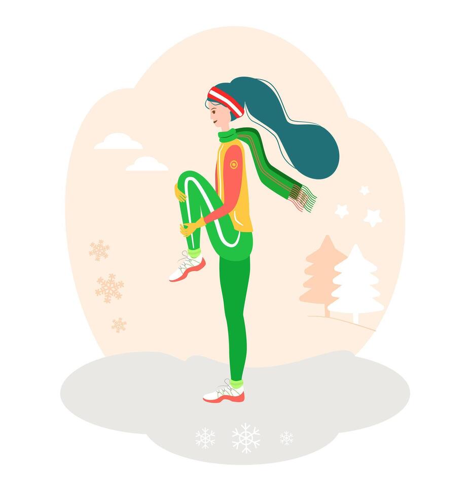 Winter workout. Training. Winter outdoor activity. Girl making exercises and warming up at winter season dressed in warm clothes. Flat cartoon vector illustration