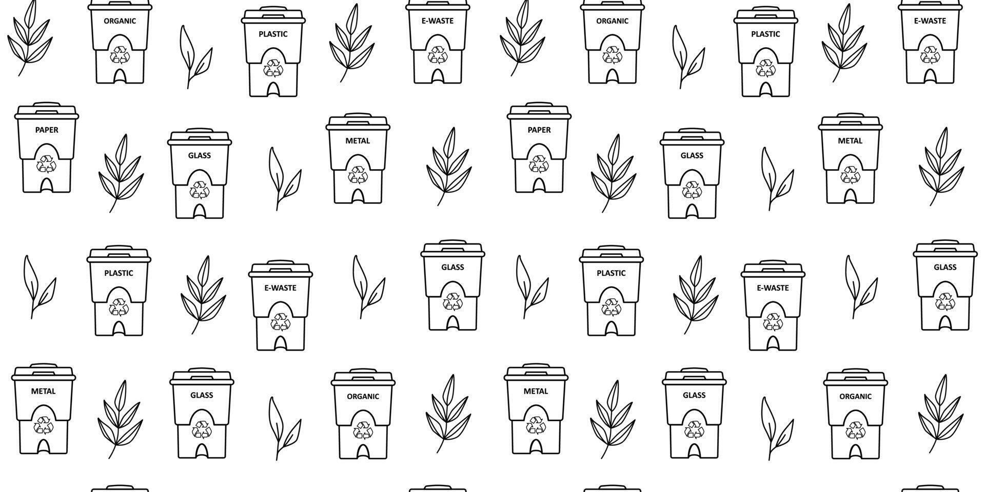 Recycling bins and leaves linear seamless pattern. Ecological and environment protection concept. Garbage and waste sorting. Dustbins for plastic, paper, glass, organic, metal, e-waste.  Background. vector