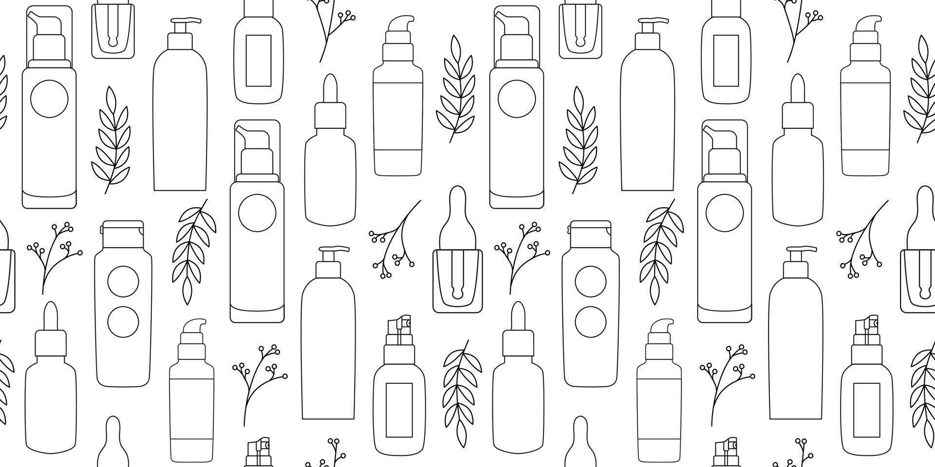 Linear cosmetics bottles and leaves seamless pattern. Green organic cosmetics. Natural skin care. Beauty routine. Outline delicate background, wrapping paper. Line art. vector