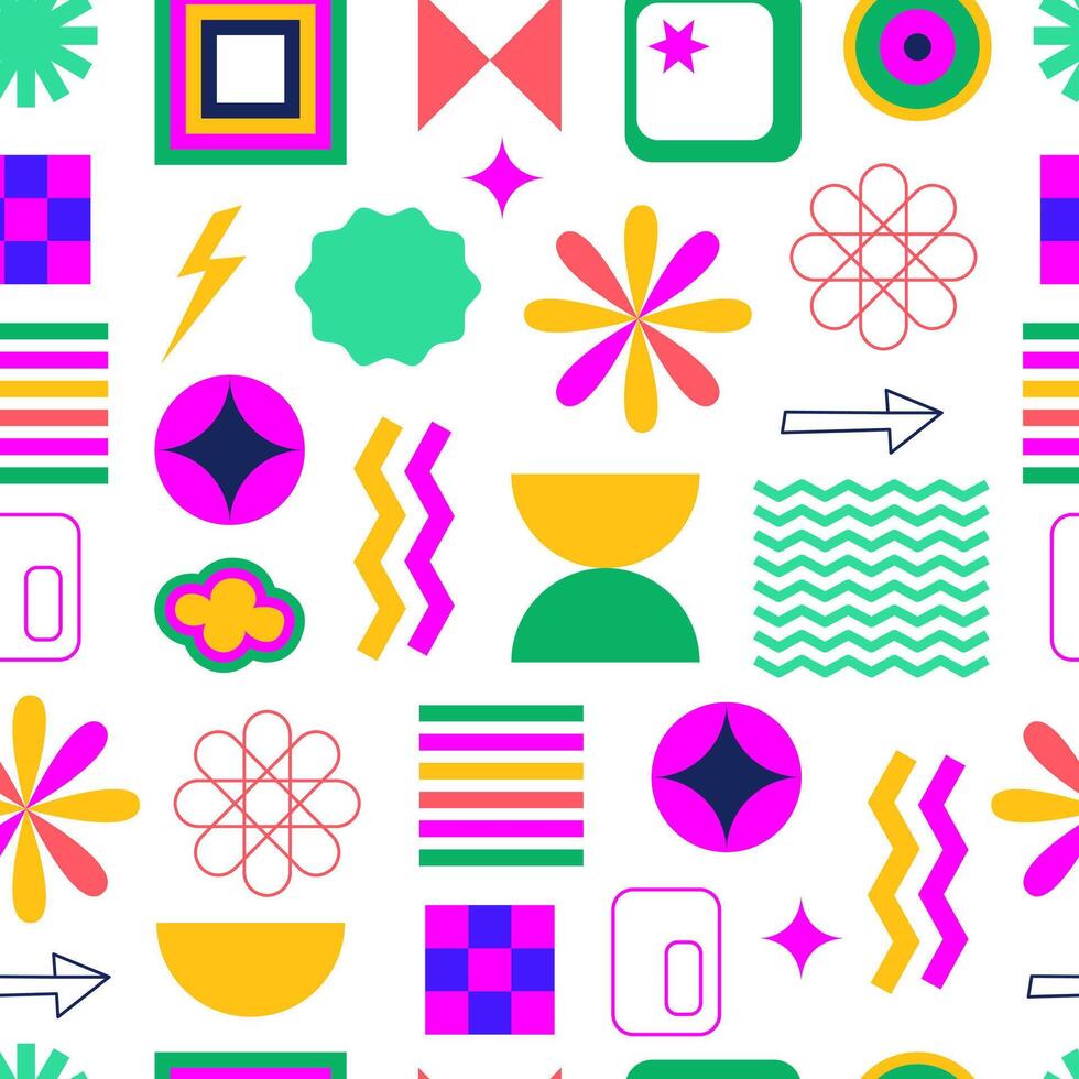 Y2k retro geometric seamless pattern. Bold vibrant abstract shapes and figures. Playful brutal geometry. Modern banner, background, wrapping paper. vector