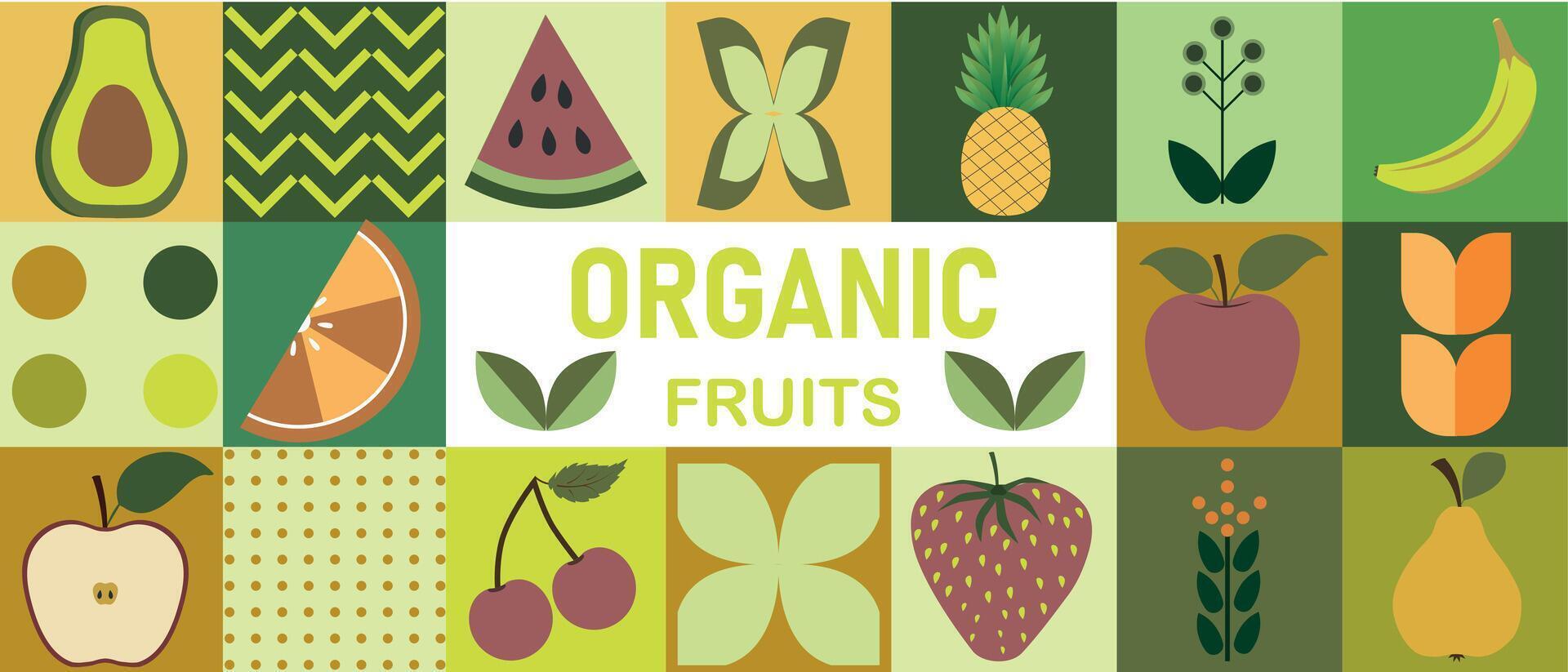 Organic fruits banner in flat style with simple geometric shapes. Abstract geometric retro shapes. Can be used for flyers, natural products presentation templates, cover design. vector