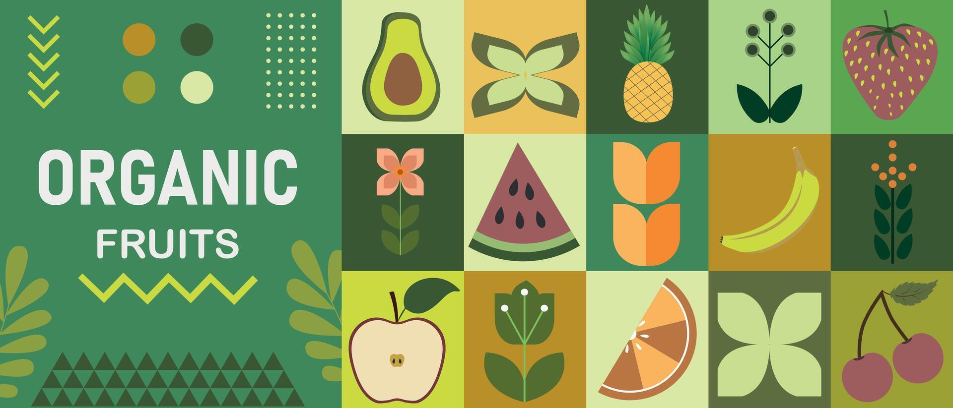 Geometric poster with organic fruits. Minimal abstract layout of natural fruits with simple shapes for food label or packaging, or vector vegan brochure covers.
