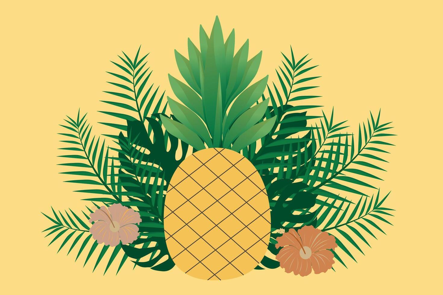 Fresh pineapple banner with tropical plants, palm leaves and exotic hibiscus flowers, on pastel background for brand, logo, template, label, emblem, store, packaging, advertising. Vector illustration.