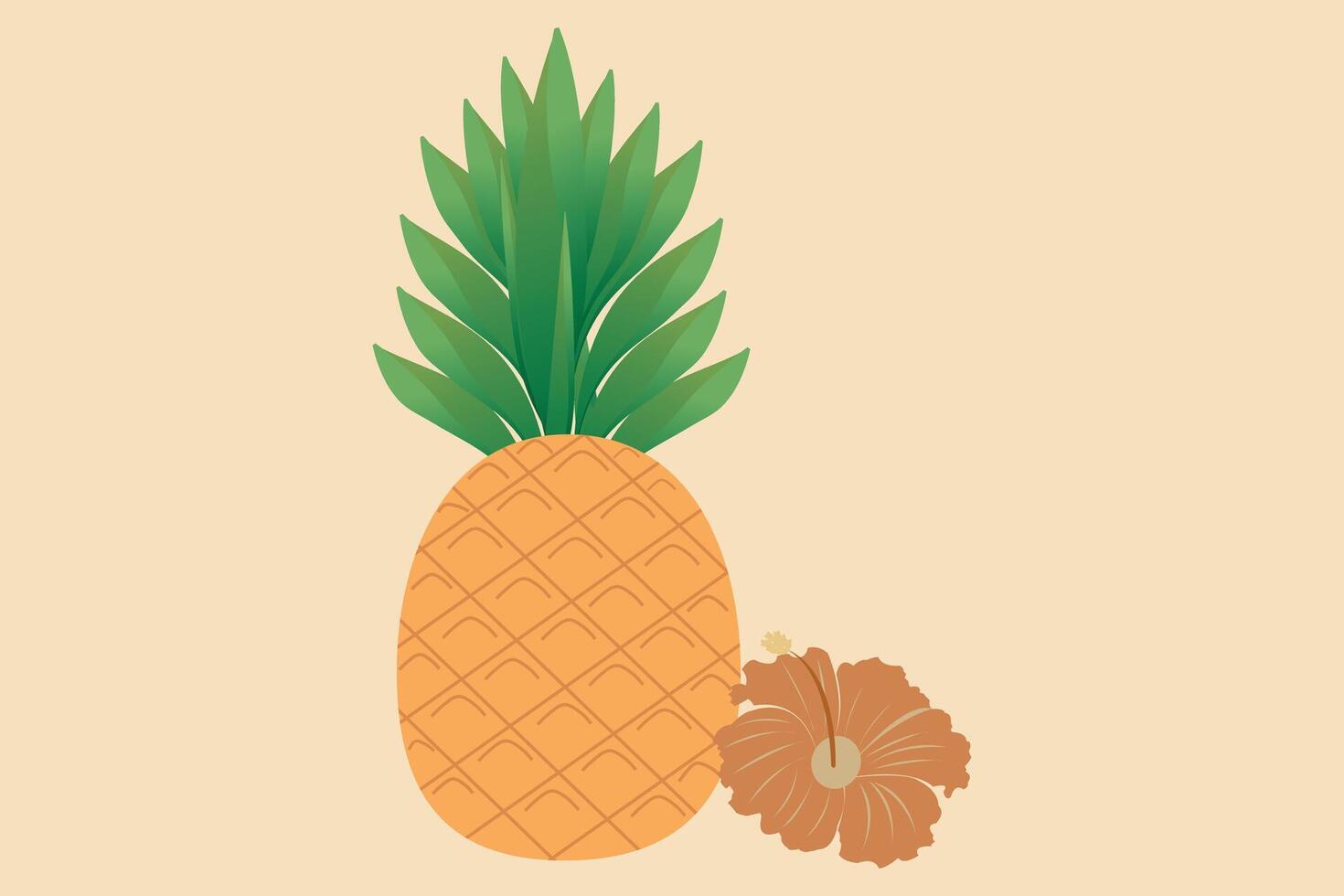 Pineapple exotic fruit with hibiscus flower on a pastel background. Summer tropical natural fruits for a healthy lifestyle. Vector illustration.