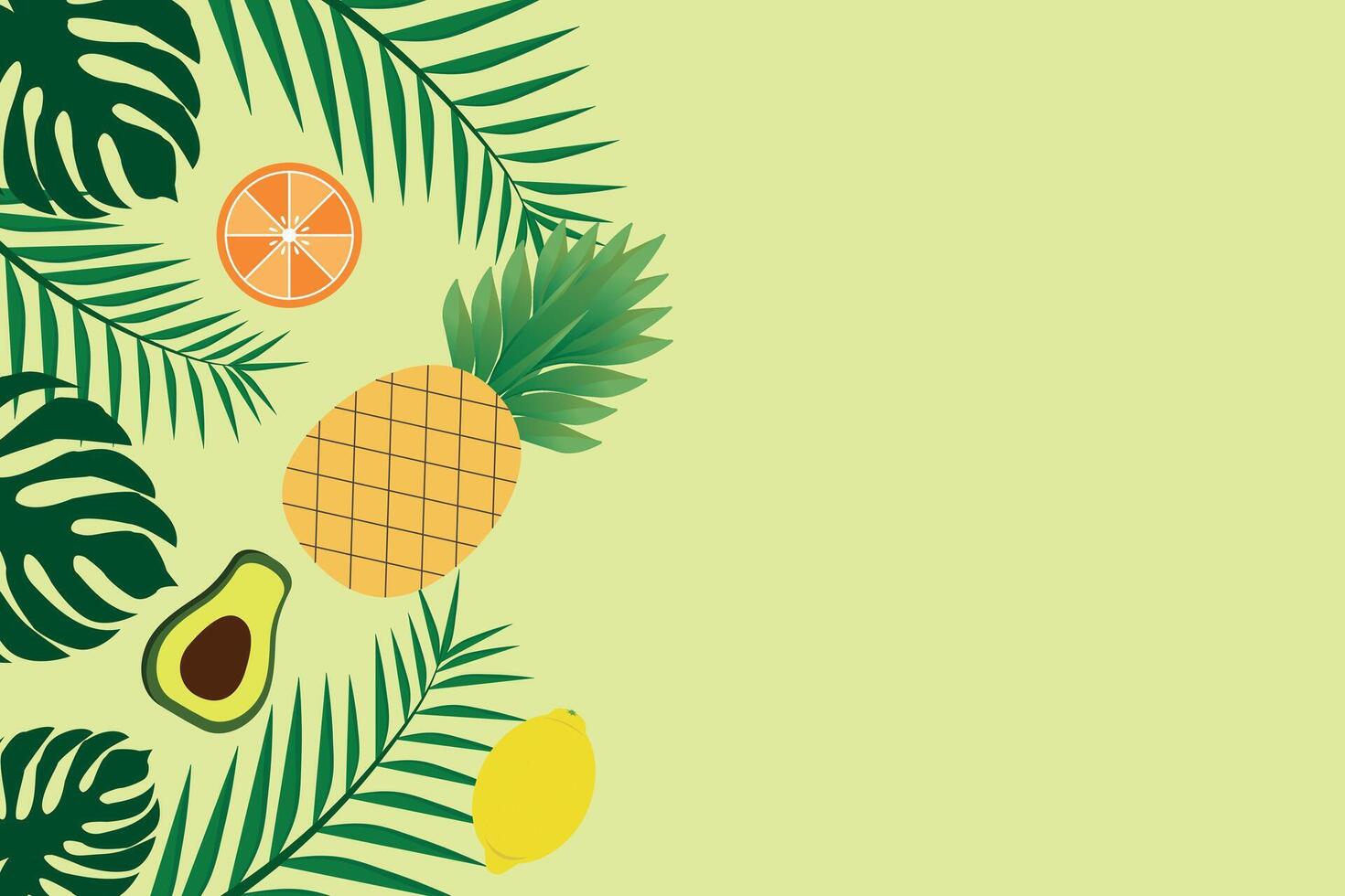 Tropical summer background with palm leaves, exotic fruits isolated on light green background. Vector frame with tropical fruits.