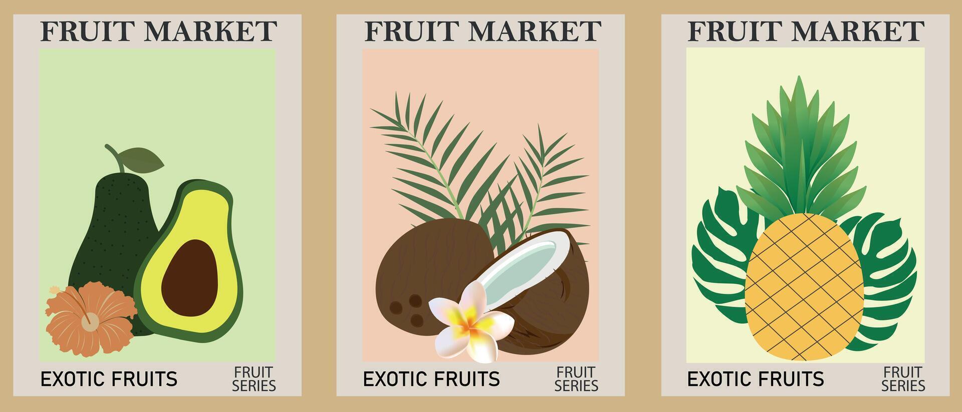 Exotic tropical fruits. Posters of natural organic products. Fruit farmers market posters. Vector art for cards, wall art, banner, background.