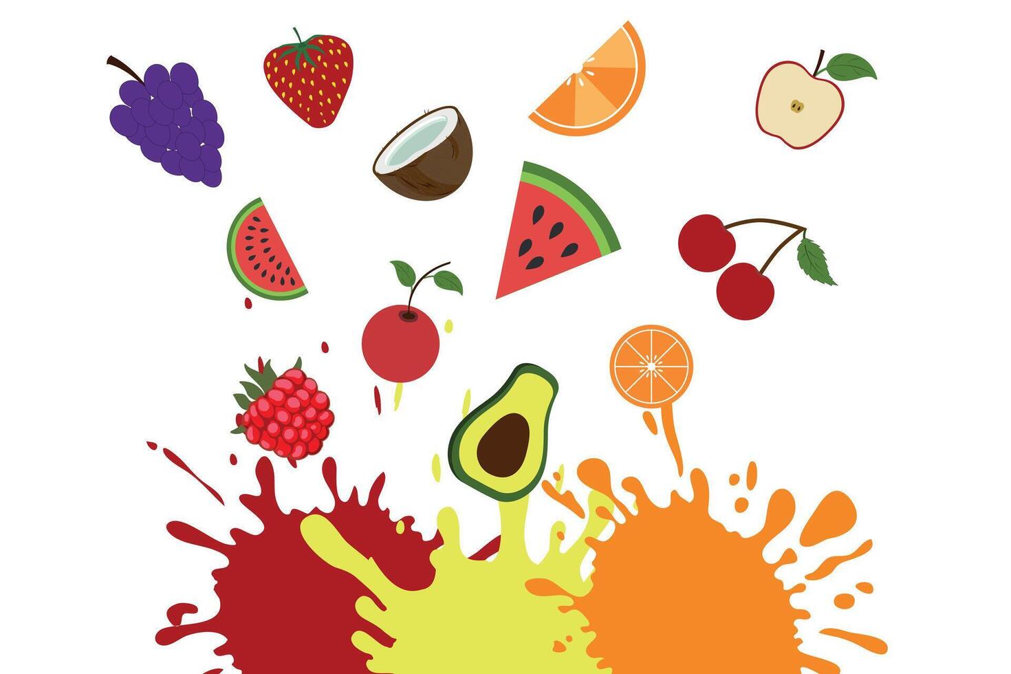 Sweet tropical fruits and berries with splashes of juice. Watermelon, banana, coconut, grapes, strawberries, orange, avocado, cherry, raspberry. Vector realistic set.