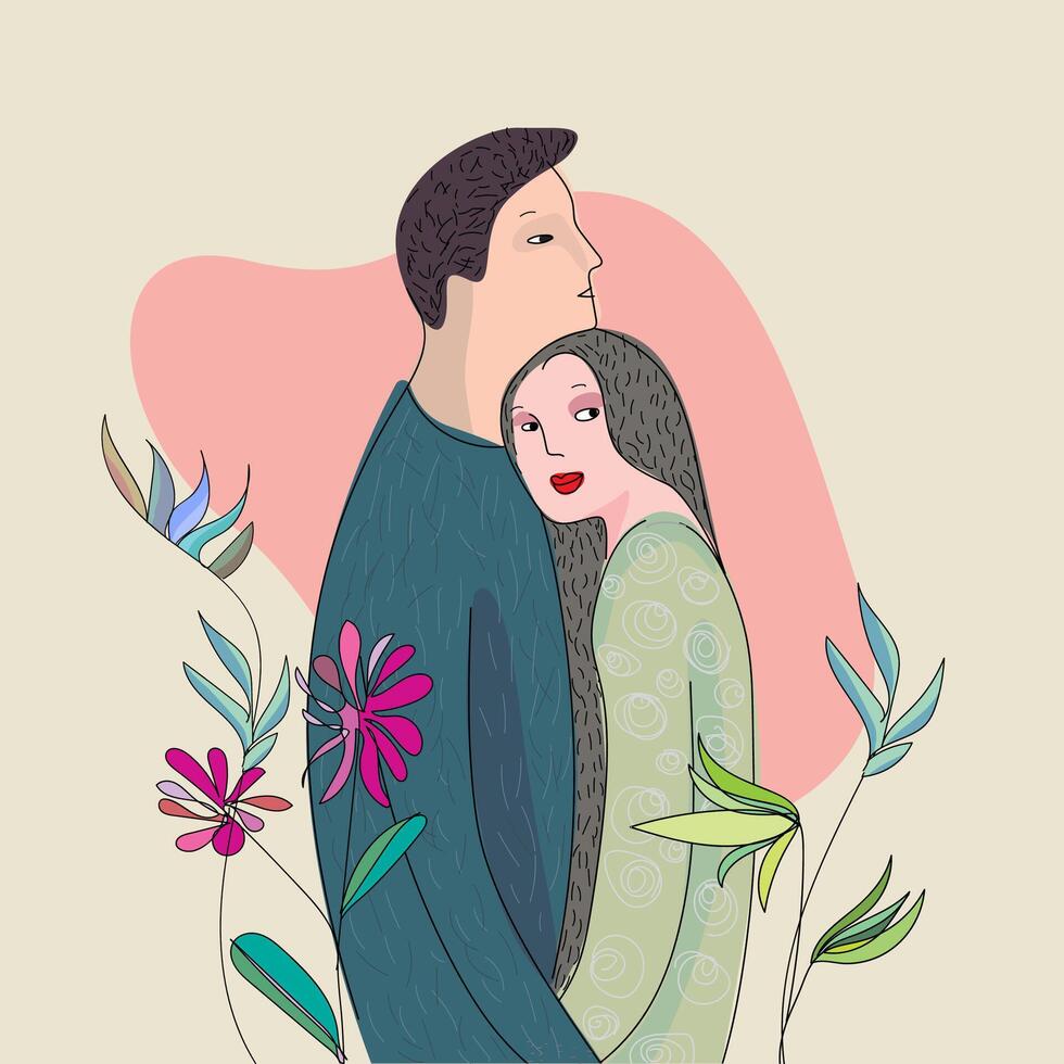 young girl holding young man and bouquet of flowers, surrounded by symbols of love vector