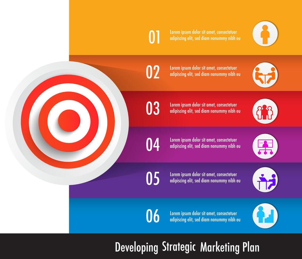 Success Target Icon Set with 6 step infographic of strategic marketing plan Business and icon Symbols design vector