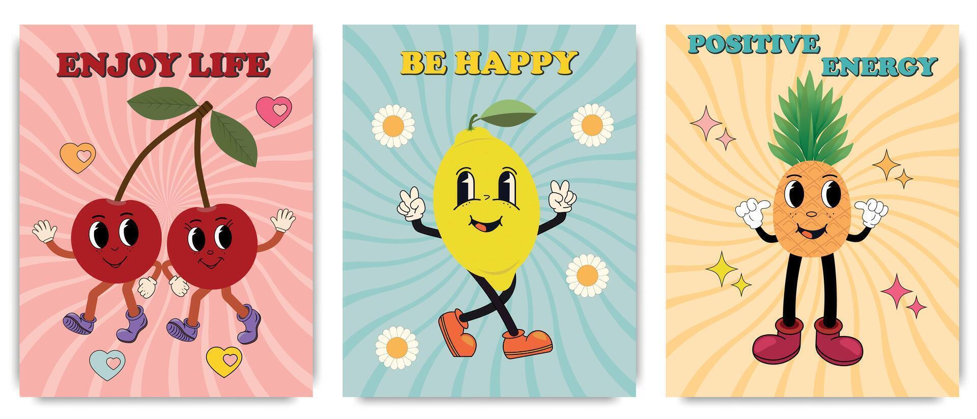 un alegre y animado verano tarjeta, un conjunto de carteles con verano frutas y deseos. piña, cereza, limón en dibujos animados estilo. dibujos animados caracteres en de moda retro estilo. vector