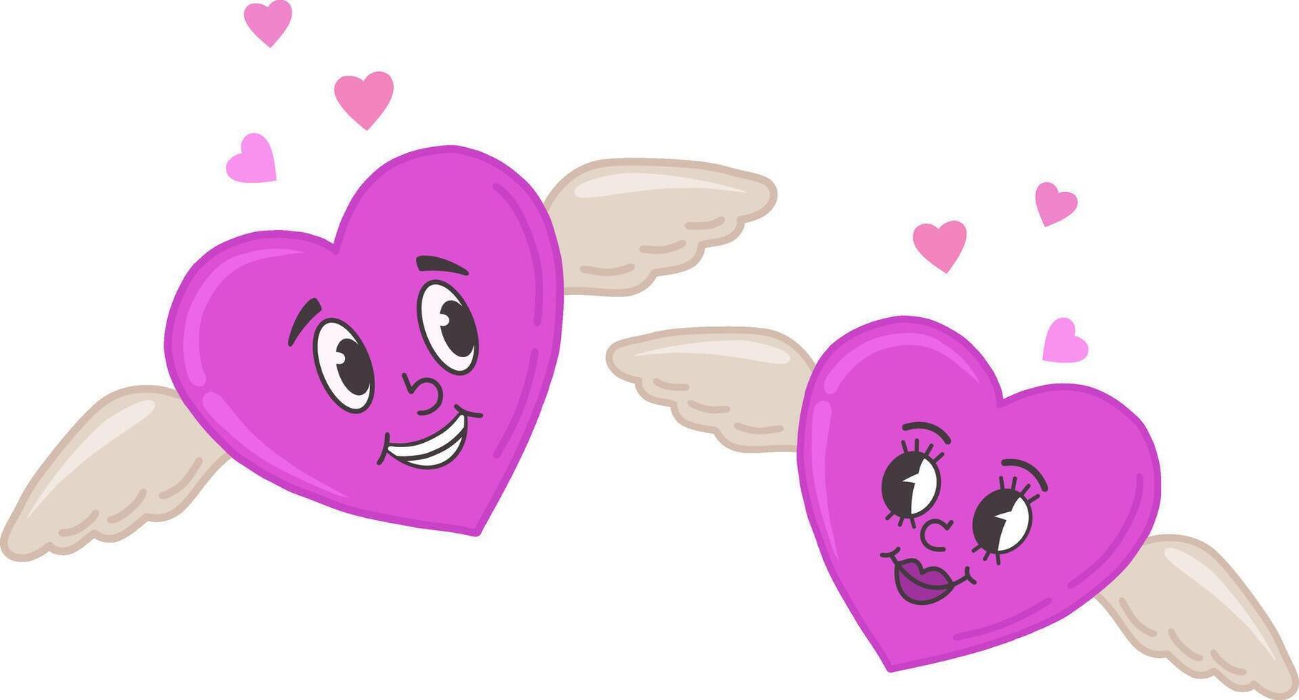 linda corazones con alas. dibujos animados volador corazones. kawaii caracteres. vector ilustración. San Valentín día. aislado vector