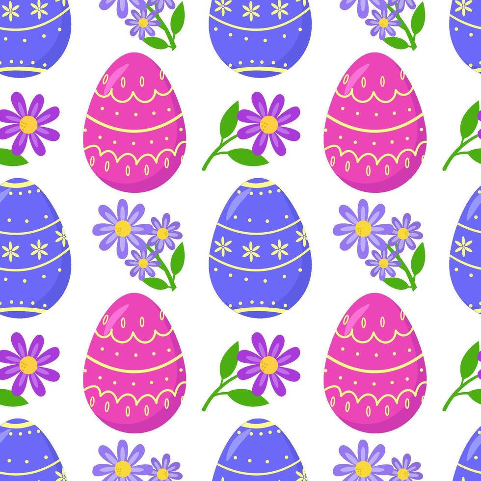 Colorful Easter seamless pattern with Easter eggs and cute flowers, suitable for Easter textiles, wallpaper, background for postcards, invitations. Vector design. Easter eggs and floral pattern.