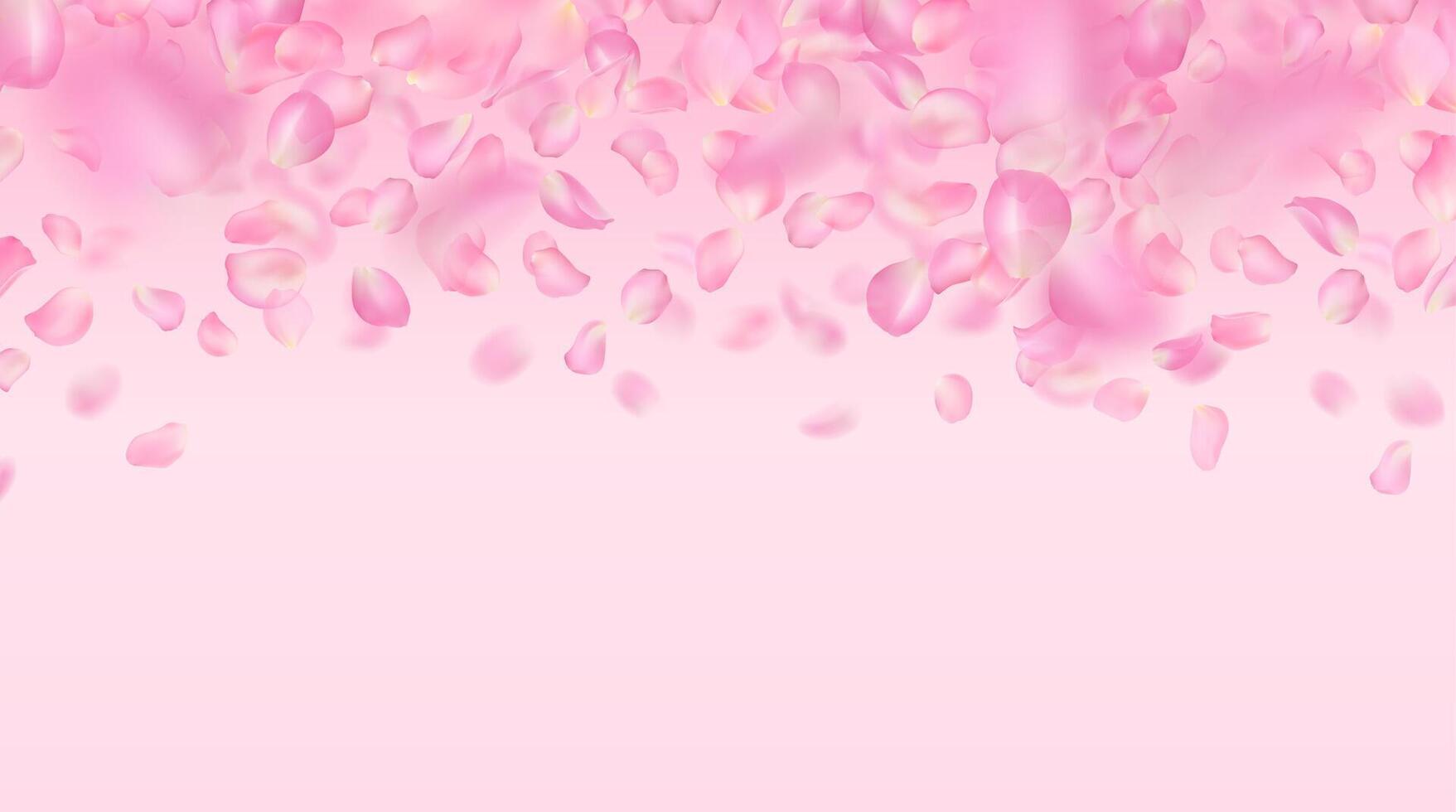 Vector background of realistic falling pink rose petals. Template of flying voluminous blurred sakura petals with blur effect. Spring floral illustration for wallpaper, banner, romantic greeting card.