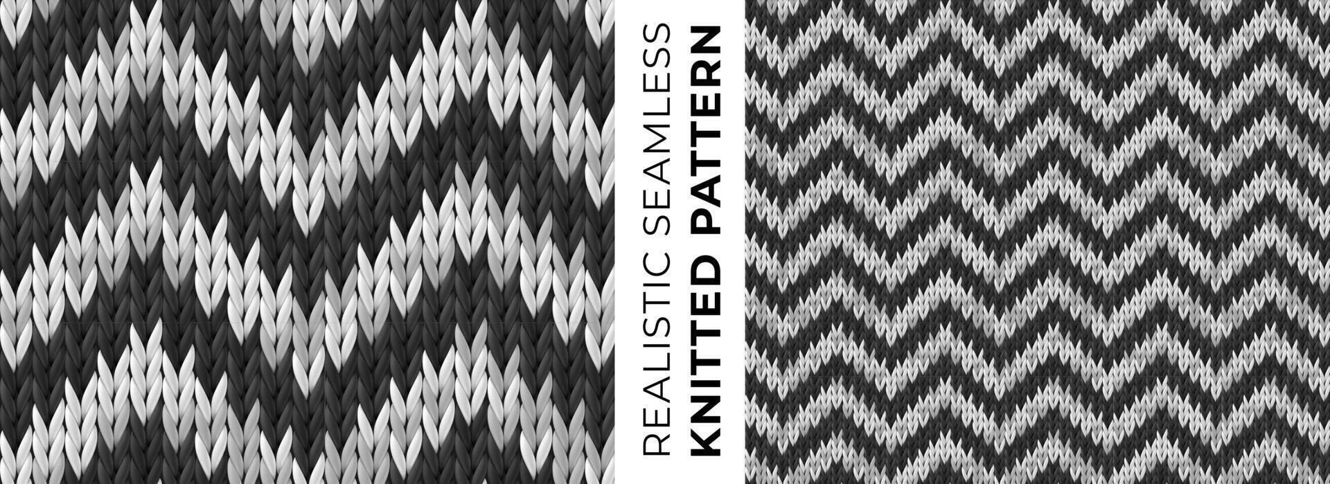 Realistic chevron seamless knitted pattern. Detailed zigzag ornament. Texture of monochrome knitwear for background, wallpaper, wrapping paper, website backdrop, winter design. Vector illustration.