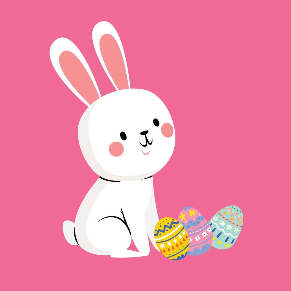 cute white rabbit cartoon illustration with easter egg vector